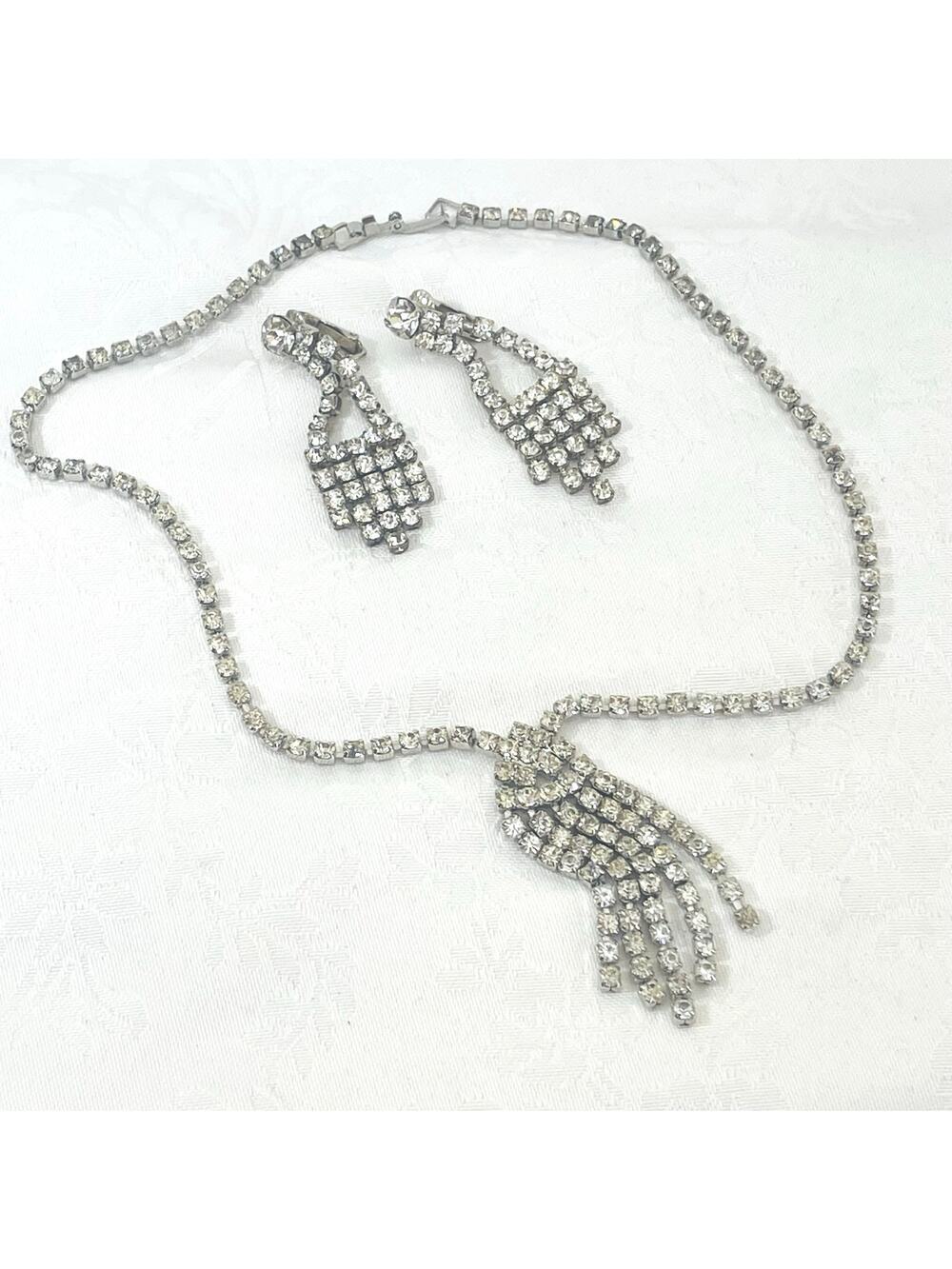 Vtg Mid-Century Rhinestone NECKLACE Clip EARRINGS Set Fringe Waterfall Cascading